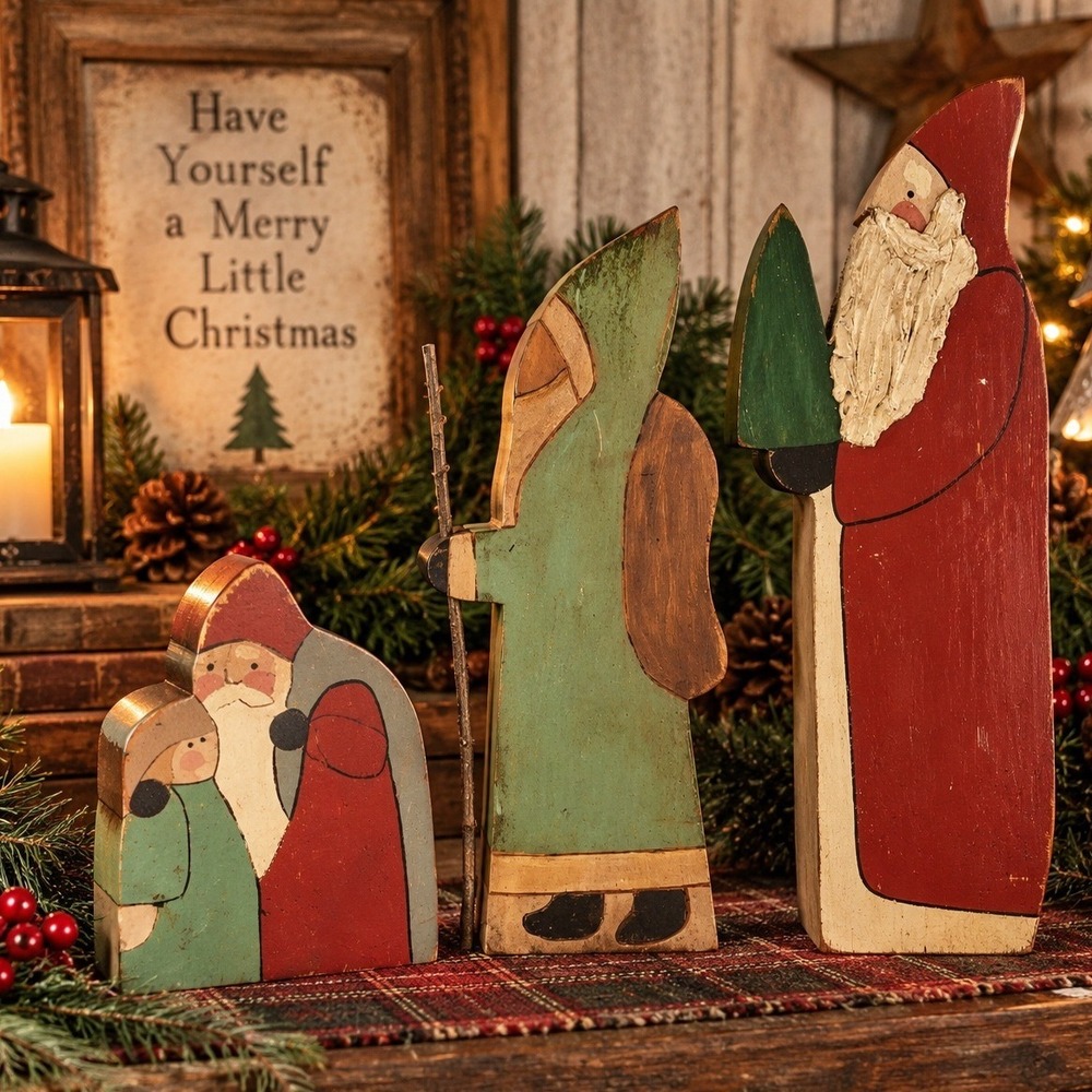 Vintage Primitive Wooden Santa Trio Folk Art Rustic Christmas Decor